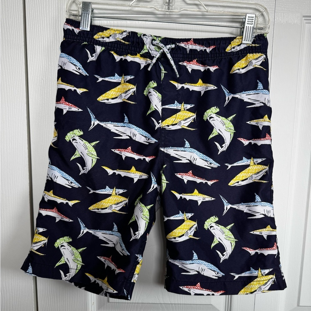 Lands End Navy Shark Print‎ Lined Drawstring Swim Trunks Shorts L